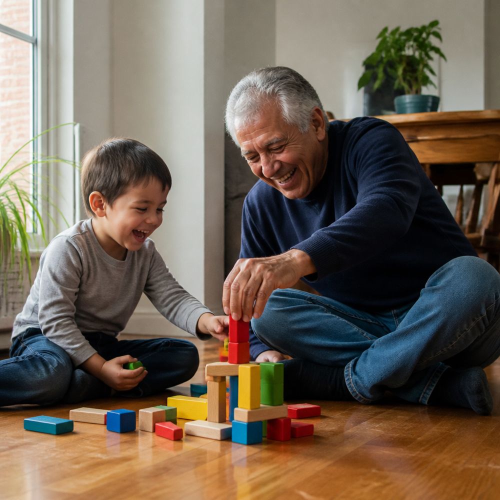 Abuelo jugando en el piso con su nieto