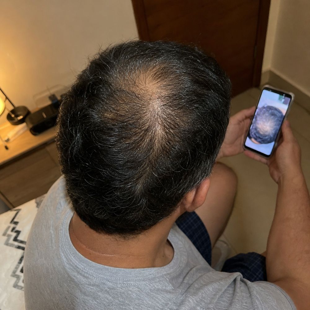 Hombre mirando una foto de su coronilla en el celular