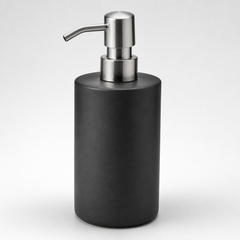 Dispensador de jabon cilindrico en ceramica negra mate con bomba de acero