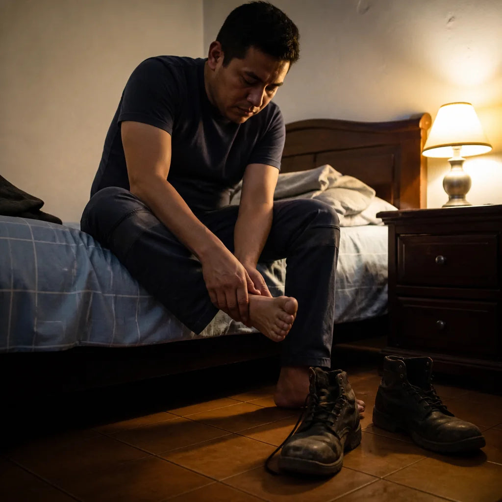 Hombre sentado en la orilla de la cama de noche, sobándose el pie descalzo, con sus botas de trabajo en el piso