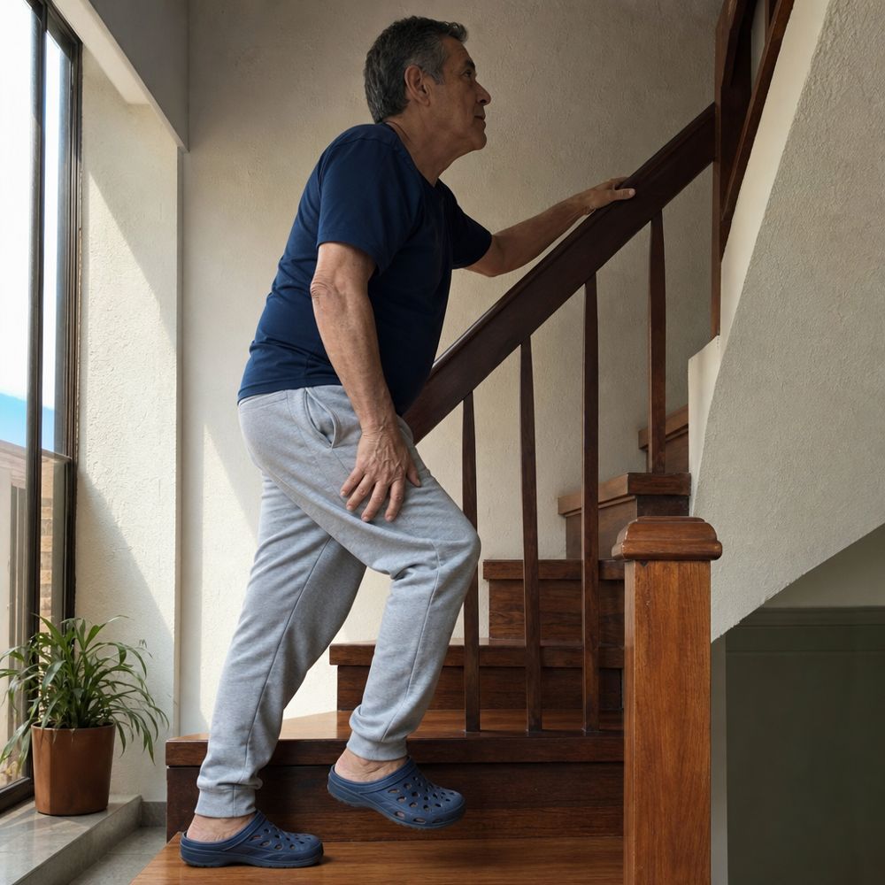 Hombre subiendo la escalera apoyado en su rodilla