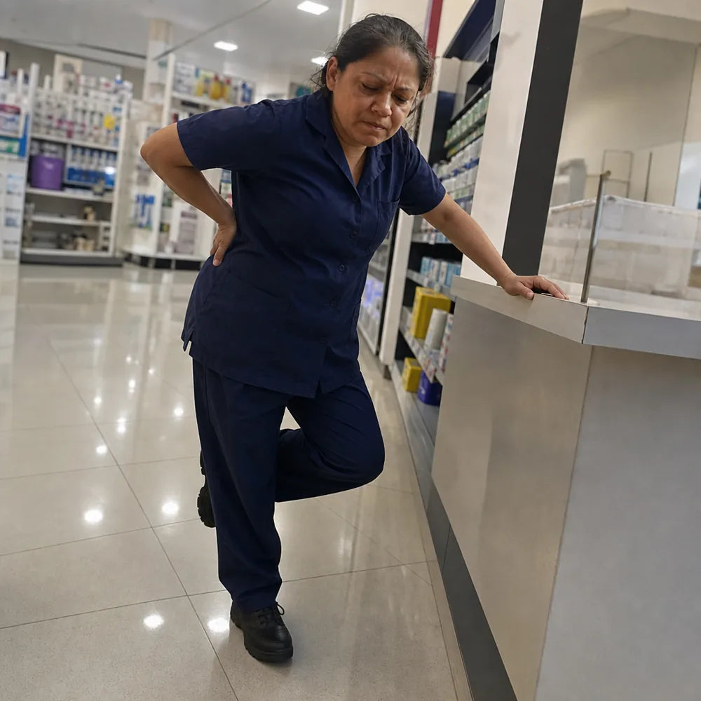 Mujer al final de su turno descargando el peso de un pie