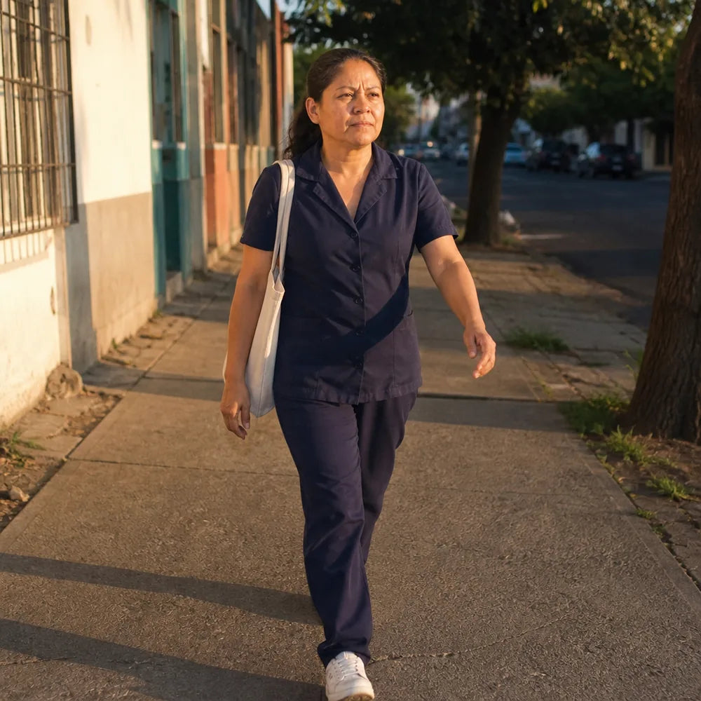 Mujer caminando con paso firme al final de la tarde